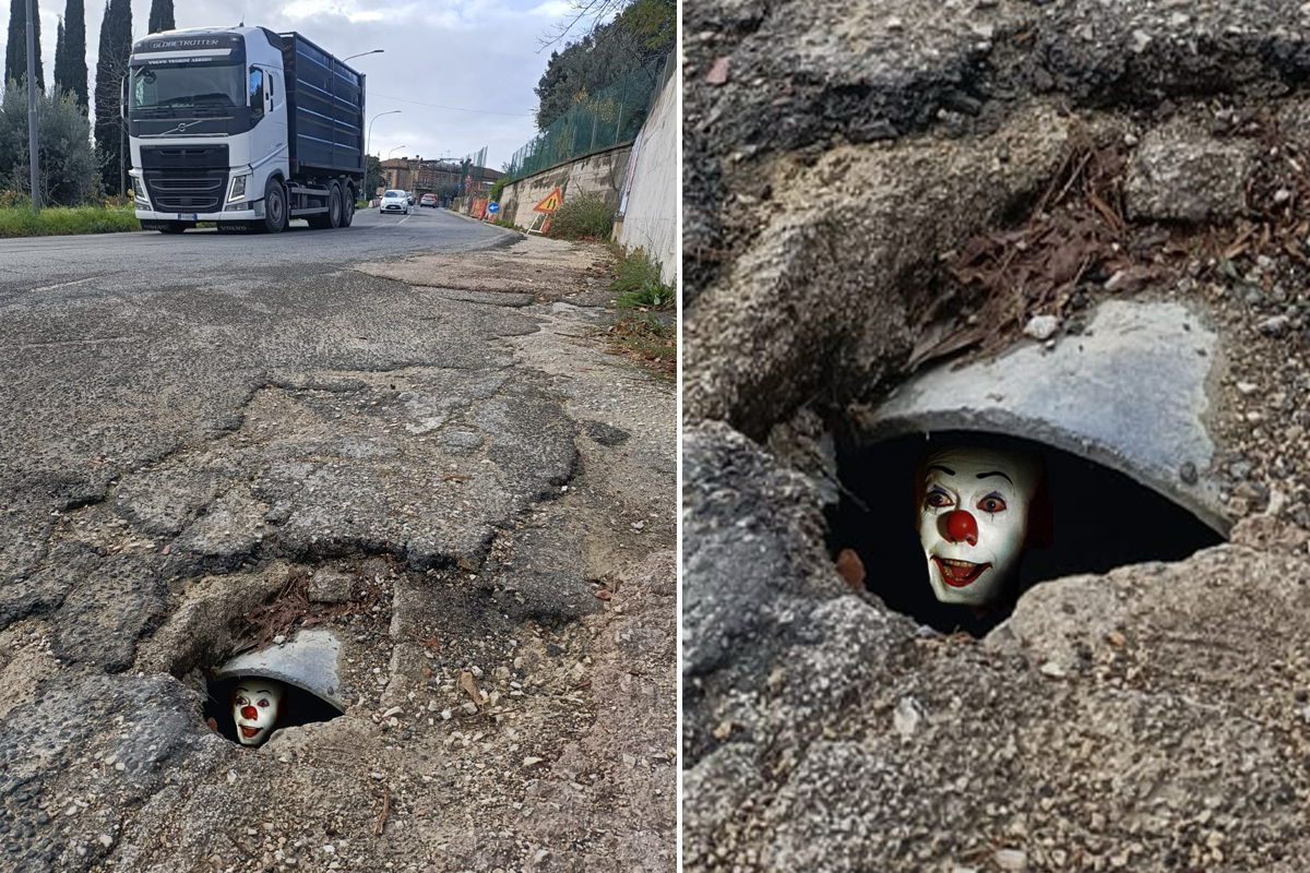 La pericolosa buca sulla SS Armerina a Fornole, che ricorda l’ingresso alla casa di IT il pagliaccio.